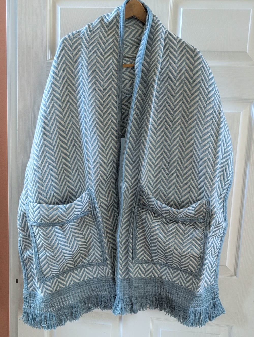 Light Blue & White Chevron Knit Pocket Sweater Shawl